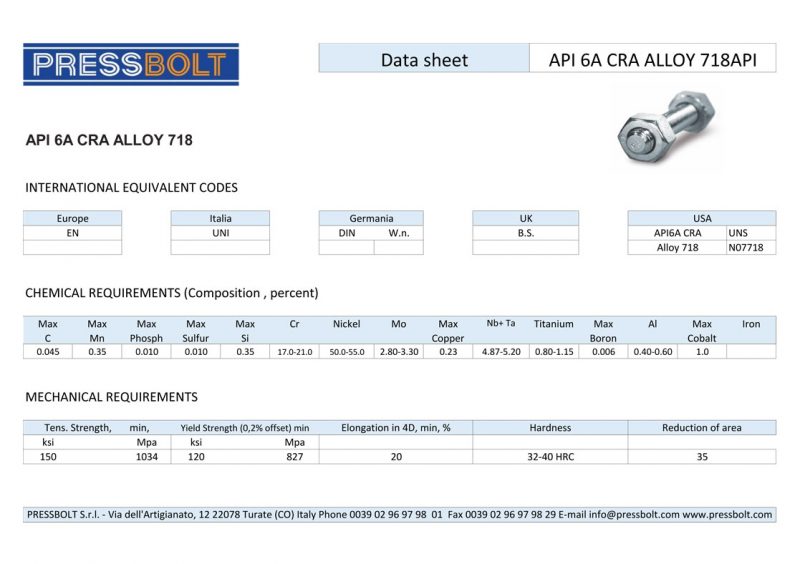 UNS N07718-INCONEL 718 - PRESSBOLT S.r.l.